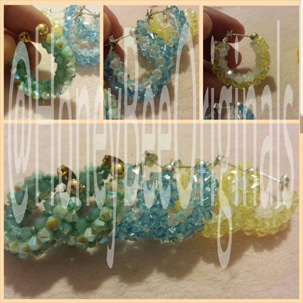Women's Blue and Yellow Beaded Hoop Earrings